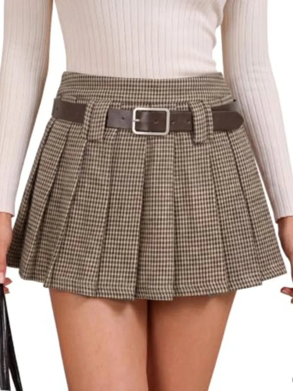 Womens High Waisted Pleated Mini Skirt Y2K A-Line with Belt